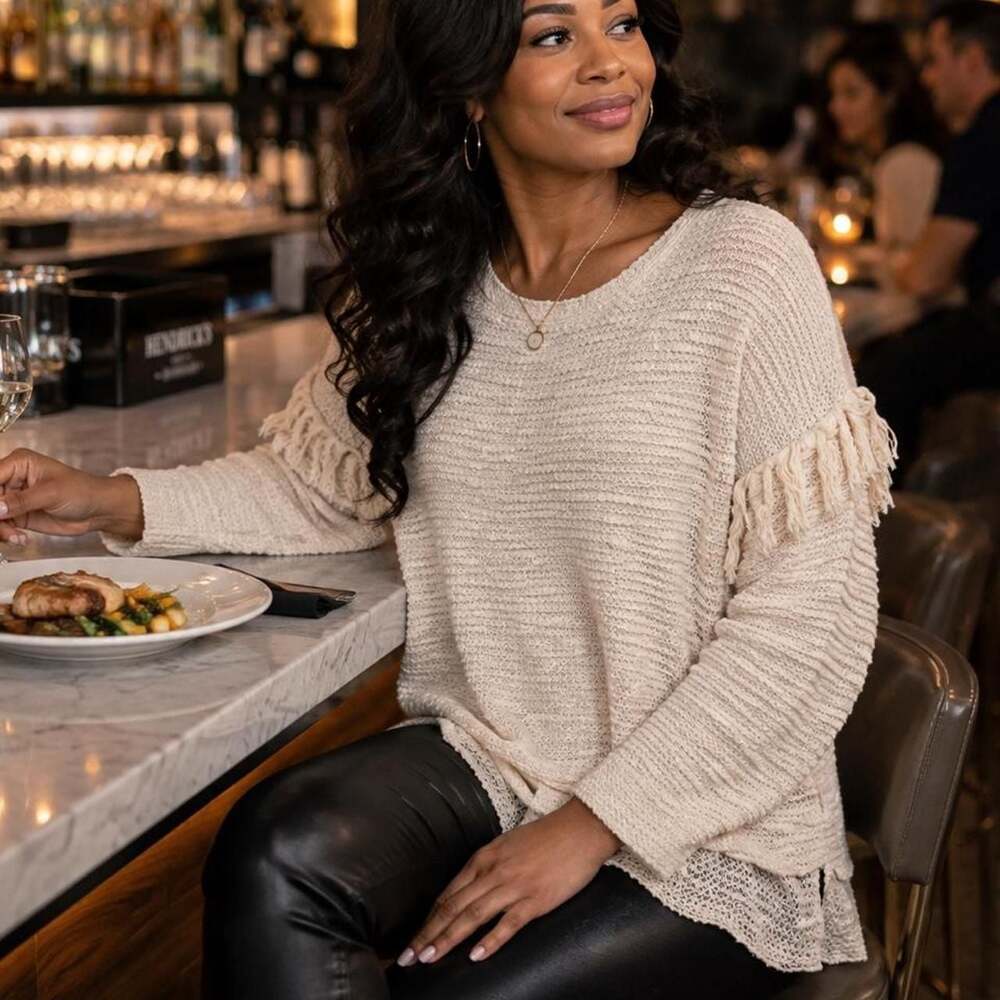 Maven West Cream Fringe Detail Drop Shoulder Sweater